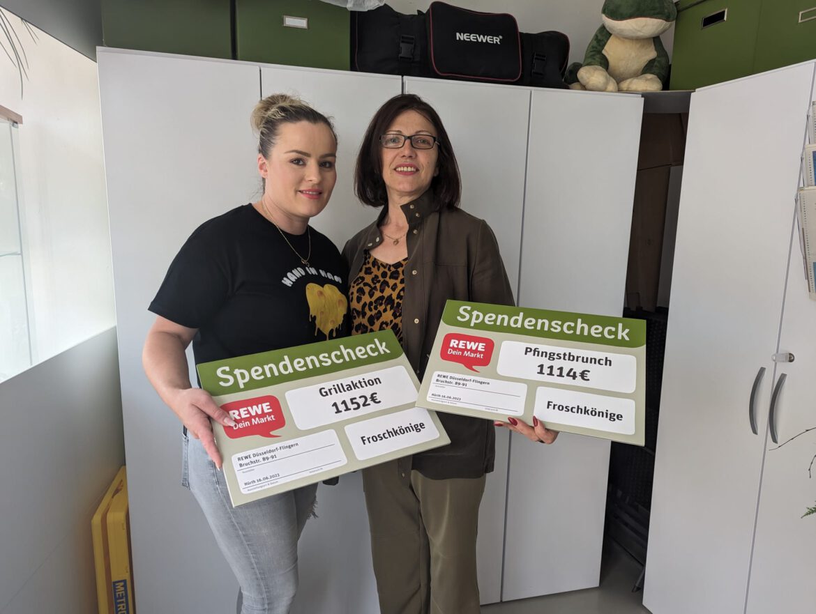 REWE übergab uns 2 Schecks 1 x für die „Grillaktion“ = 1.152 € + 1 x für den „Pfingstbrunch“ = 1.114 €