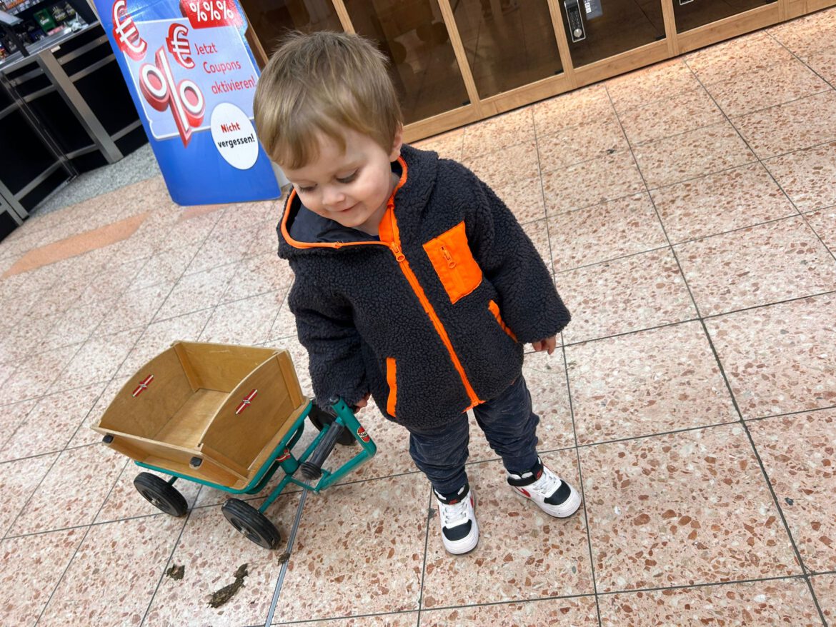 Mika hatte Großes vor, mit seinem Bollerwagen – Obst einkaufen…